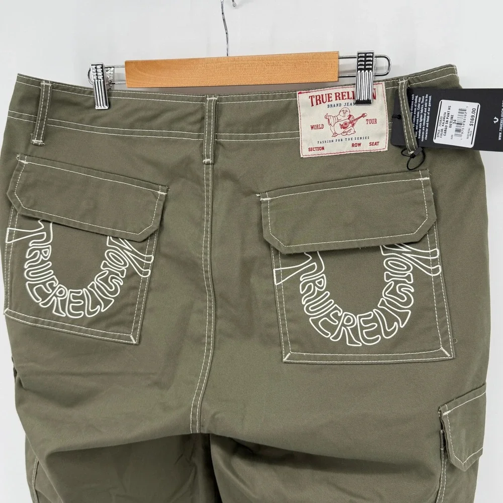 $169 NEW True Religion Kalamata Cargo Pant Men 34 36x32 Olive Green White Stitch